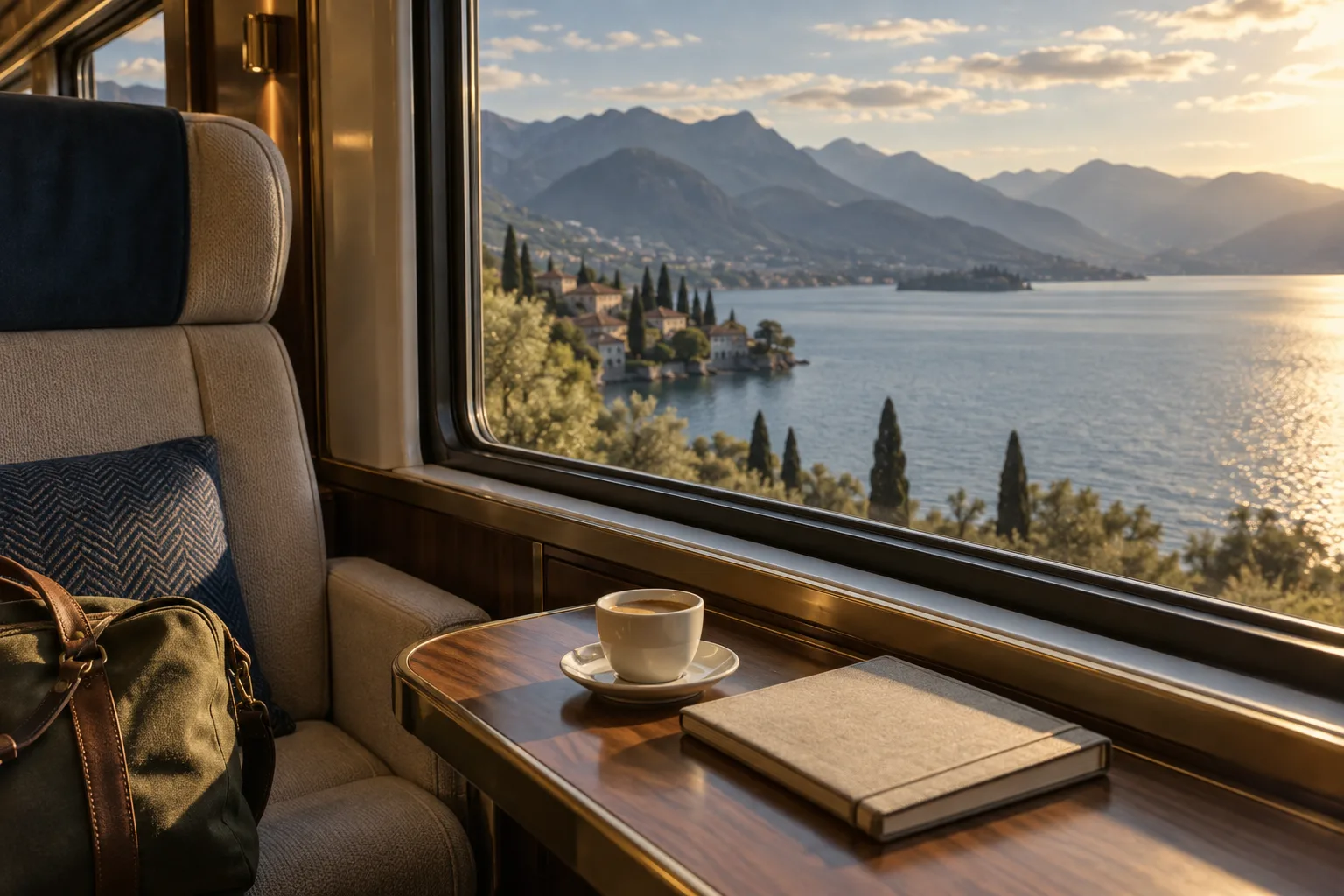 Janela de trem com vista para um lago, café e caderno de viagem; imagem ilustrativa